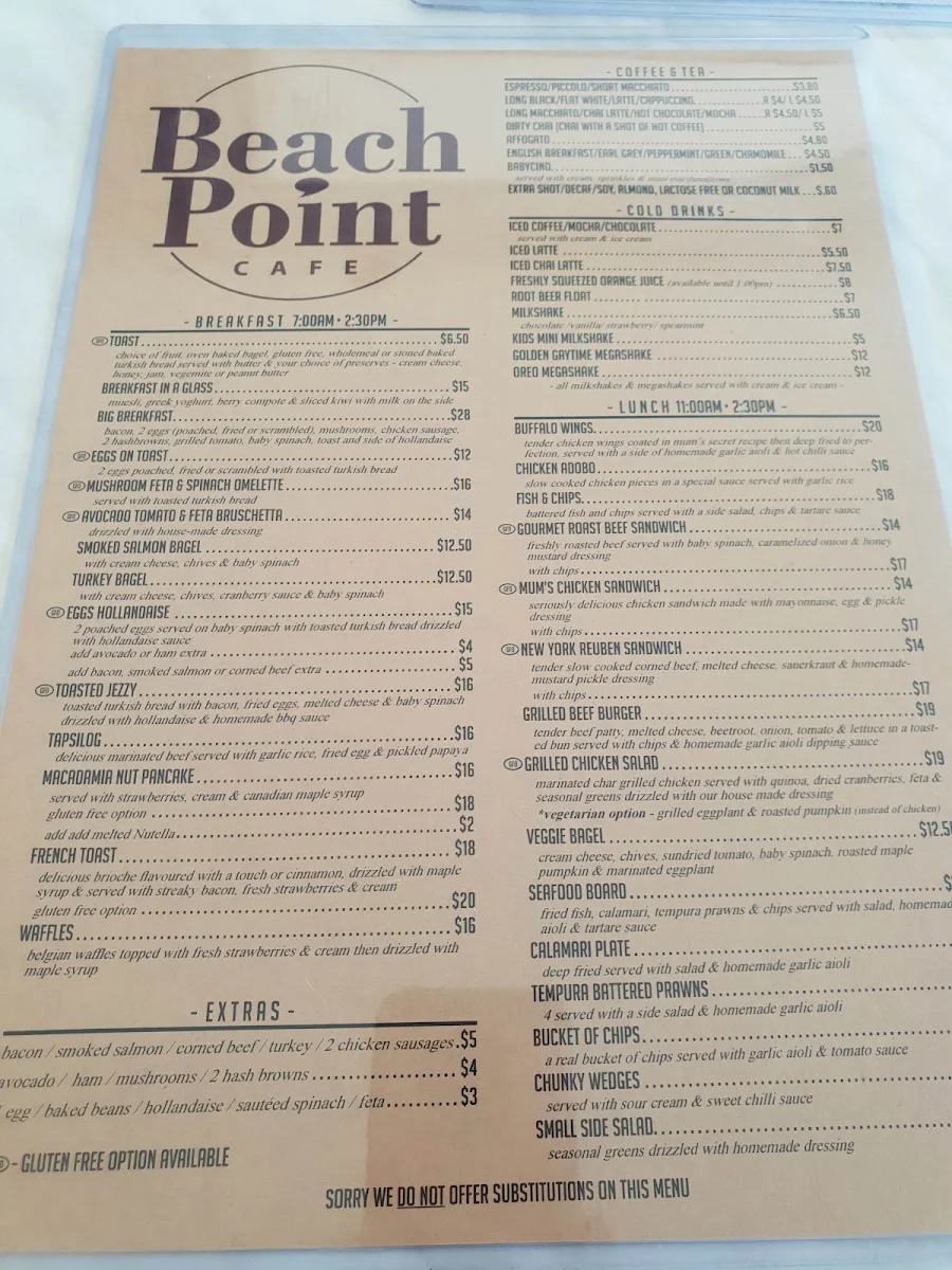 Menu, Beachpoint Cafe