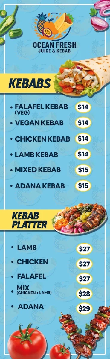 Menu, Ocean Fresh Juice & Kebab