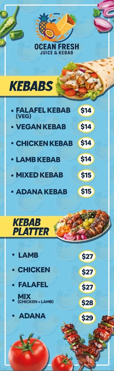 Menu, Ocean Fresh Juice & Kebab