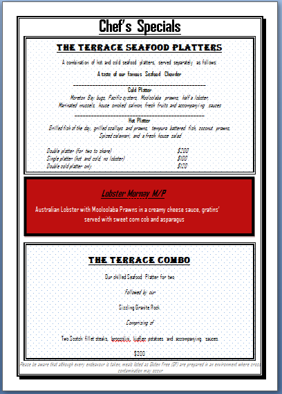 Menu, The Terrace Seafood Restaurant of Maleny