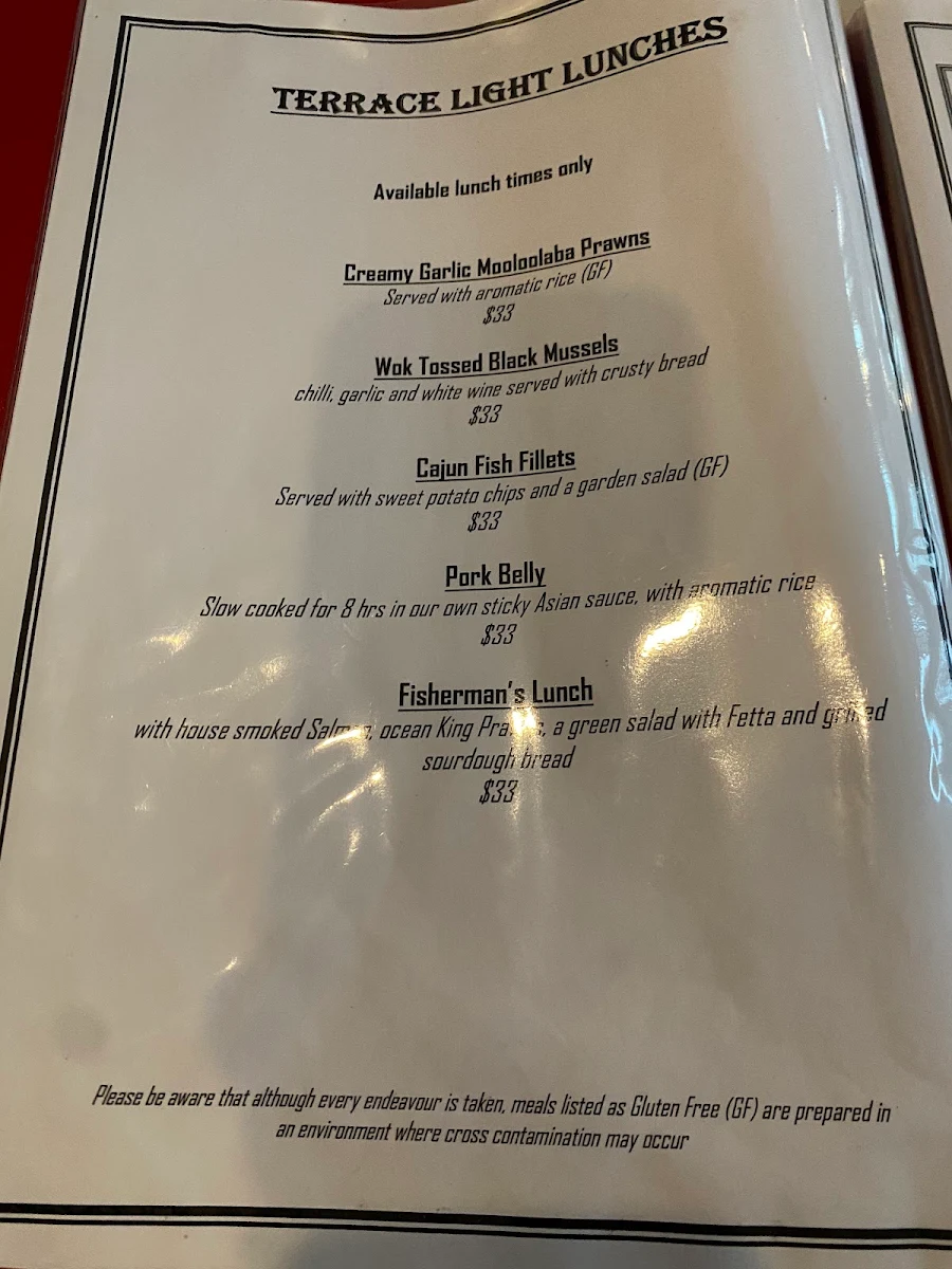 Menu, The Terrace Seafood Restaurant of Maleny
