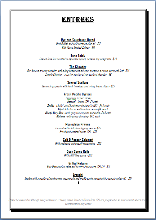 Menu, The Terrace Seafood Restaurant of Maleny
