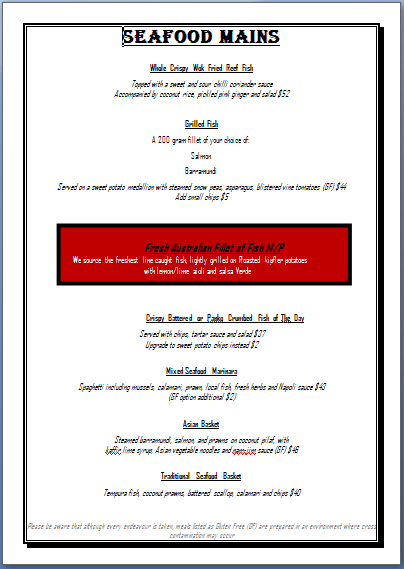 Menu, The Terrace Seafood Restaurant of Maleny