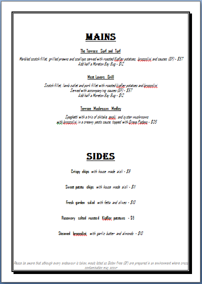 Menu, The Terrace Seafood Restaurant of Maleny