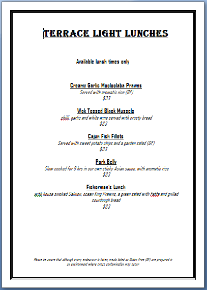 Menu, The Terrace Seafood Restaurant of Maleny