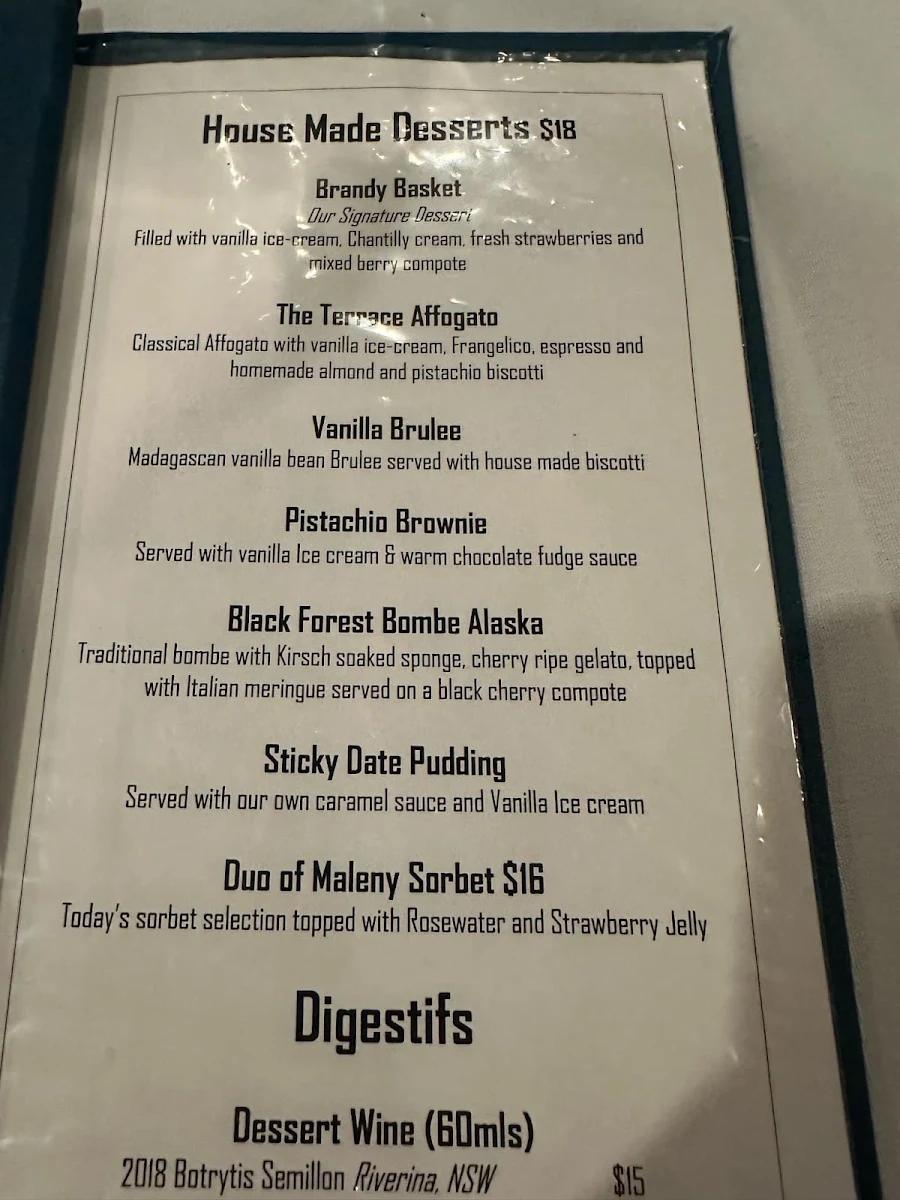 Menu, The Terrace Seafood Restaurant of Maleny