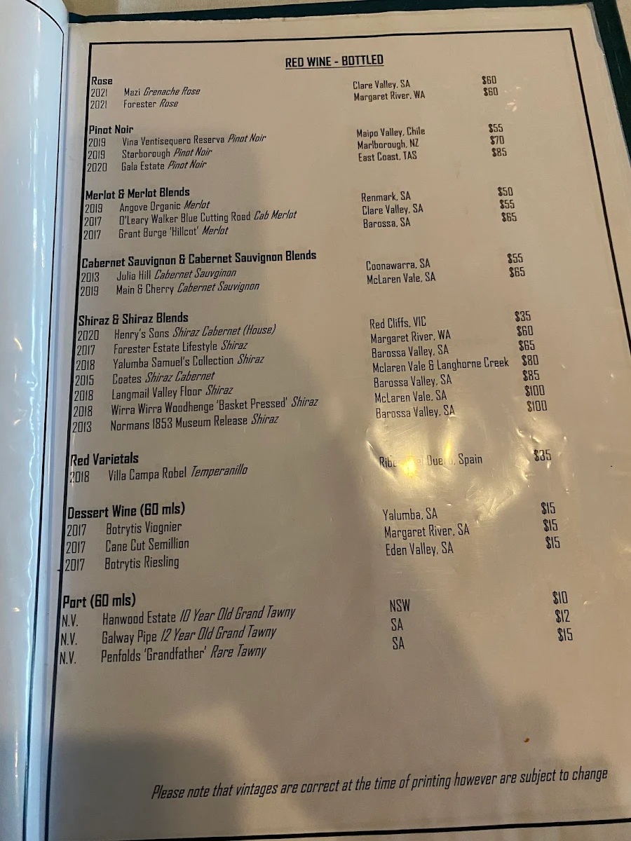 Menu, The Terrace Seafood Restaurant of Maleny