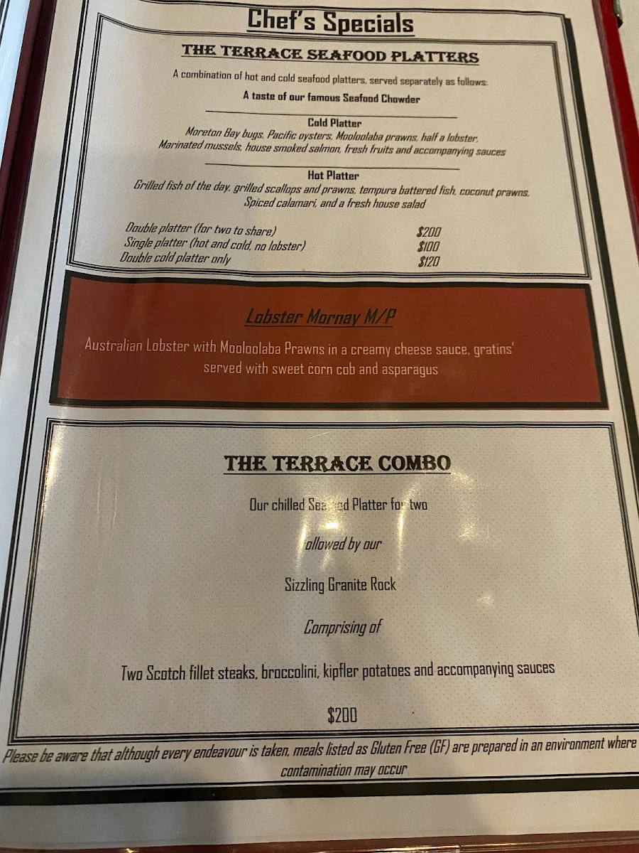 Menu, The Terrace Seafood Restaurant of Maleny