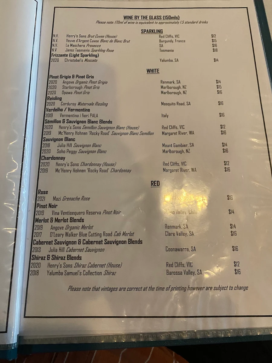 Menu, The Terrace Seafood Restaurant of Maleny
