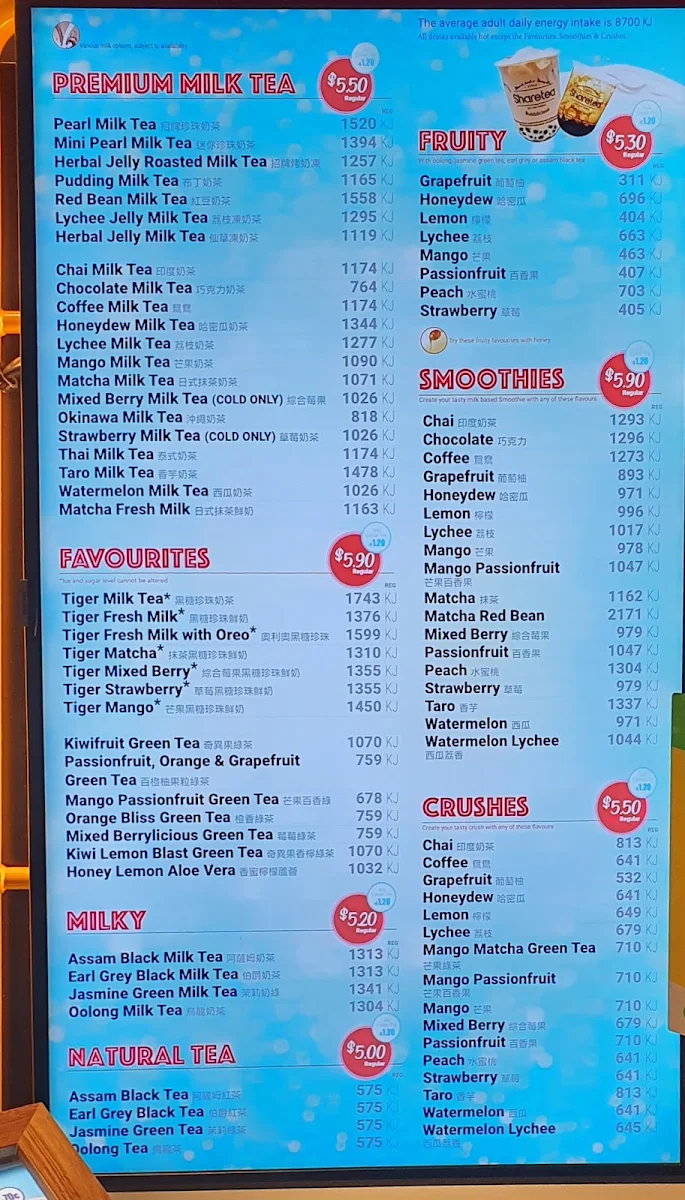 Menu, Sharetea Railway Square