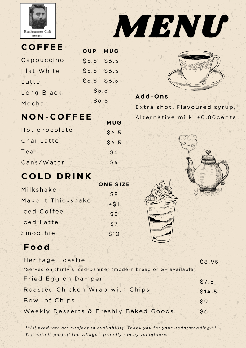 Menu, Bushranger Cafe