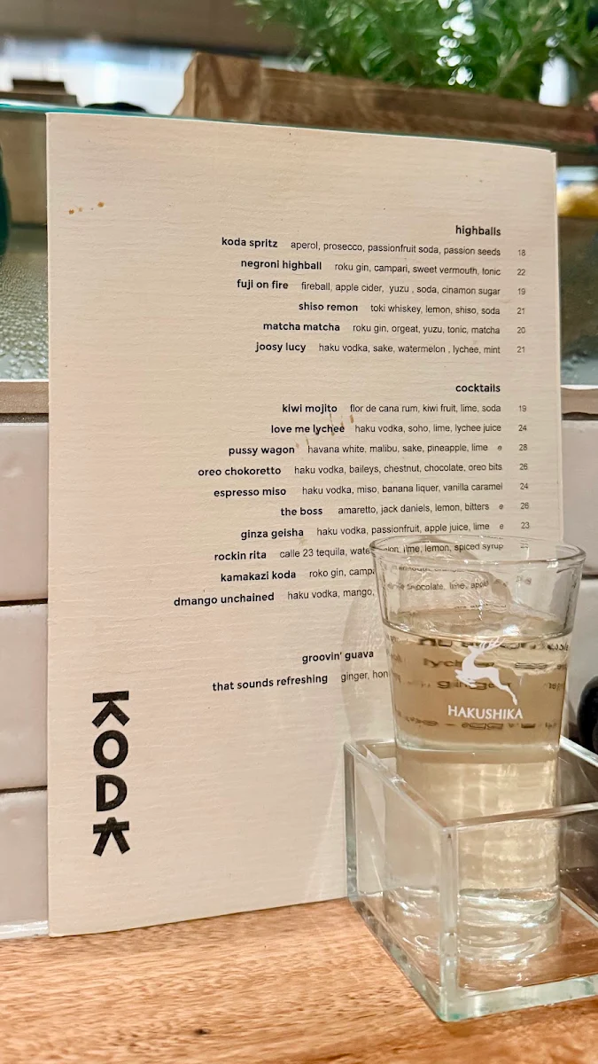 Menu, KODA Sydney