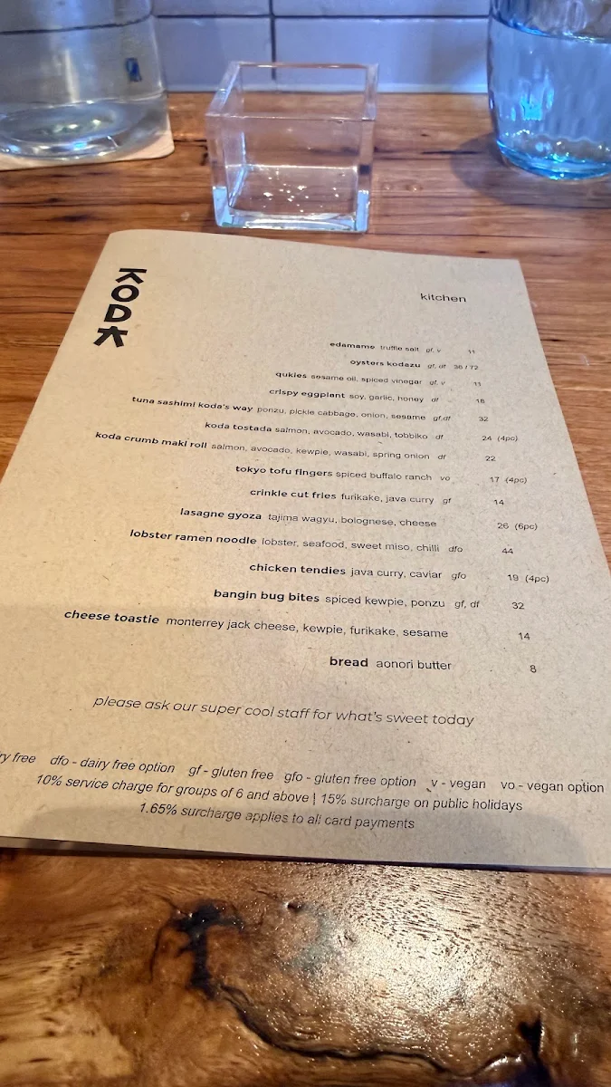 Menu, KODA Sydney