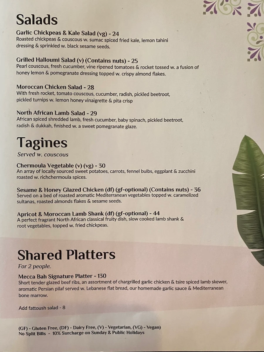 Menu, Mecca Bah Sydney