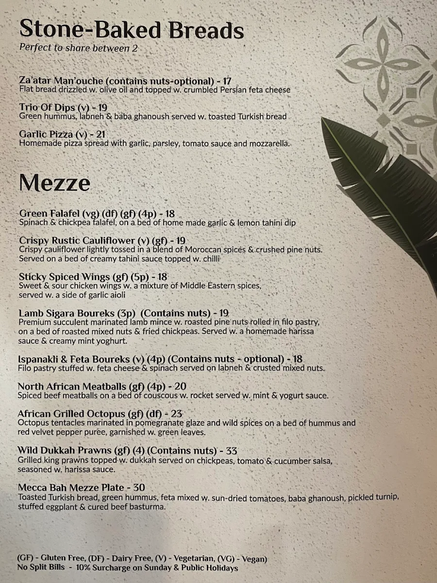 Menu, Mecca Bah Sydney