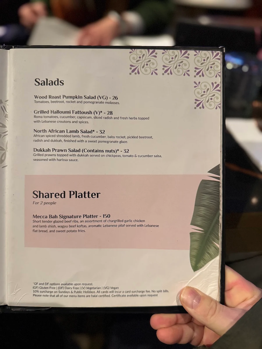 Menu, Mecca Bah Sydney