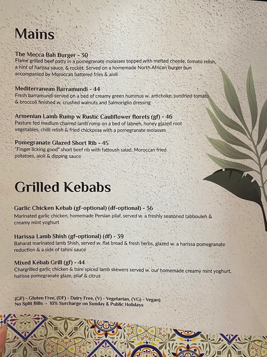 Menu, Mecca Bah Sydney
