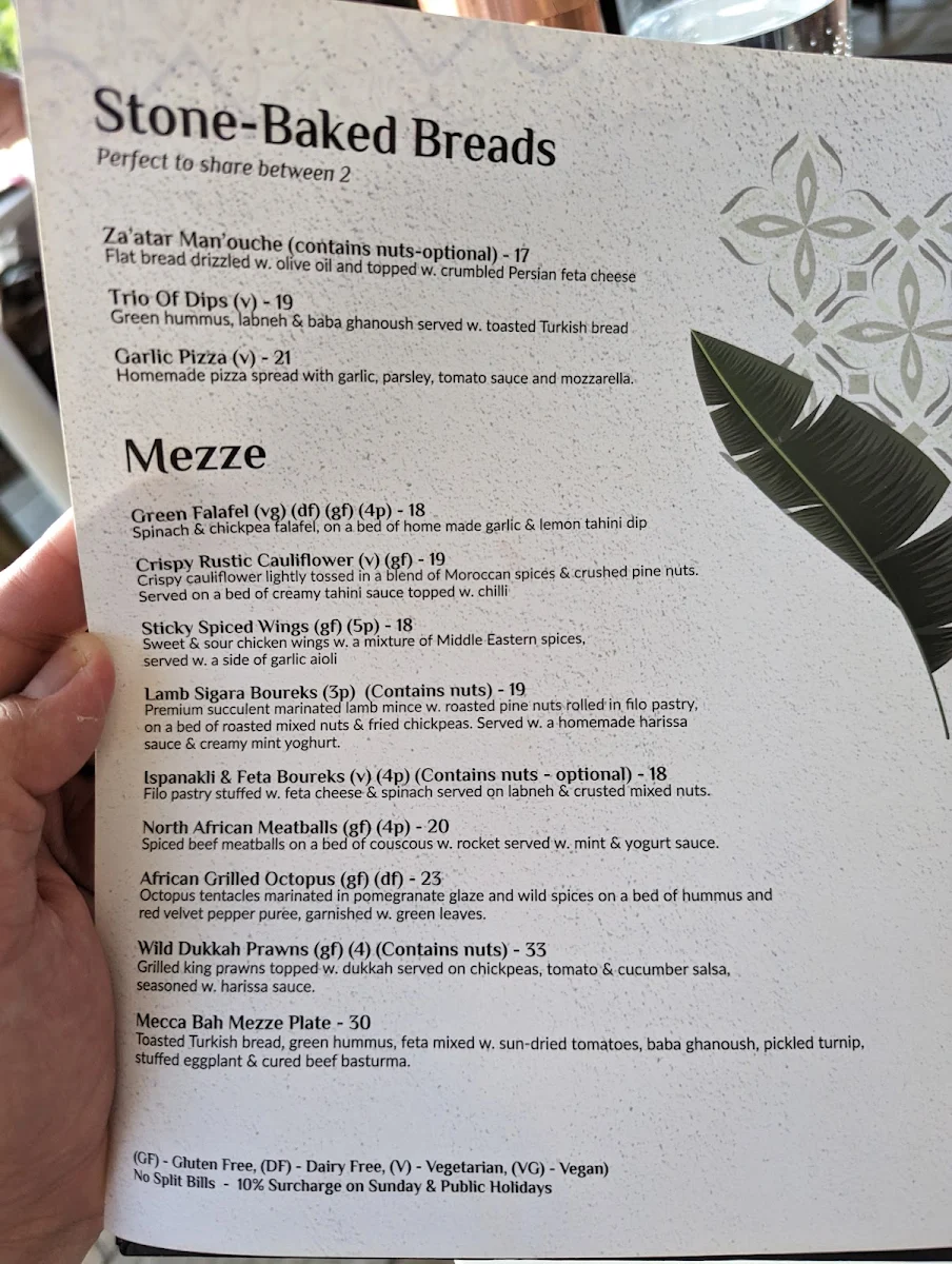 Menu, Mecca Bah Sydney