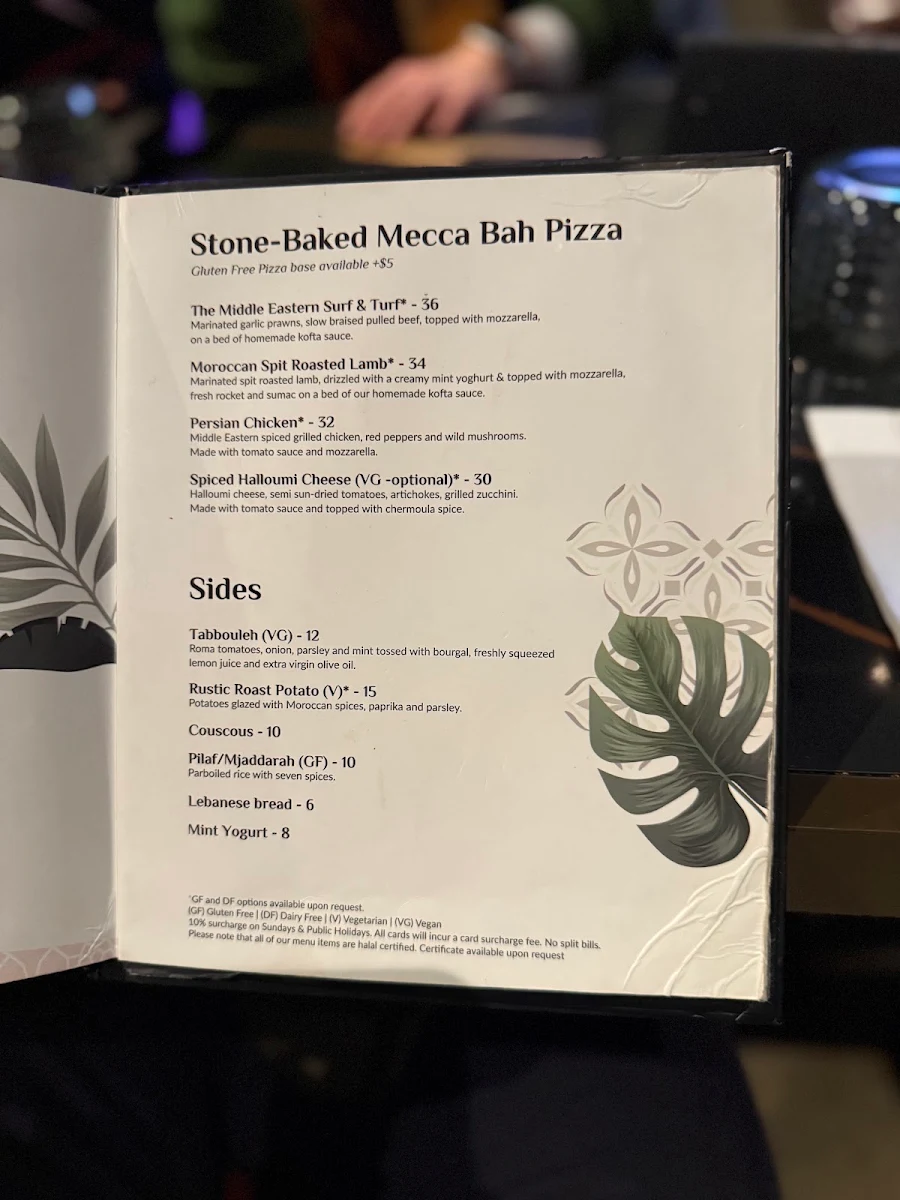 Menu, Mecca Bah Sydney