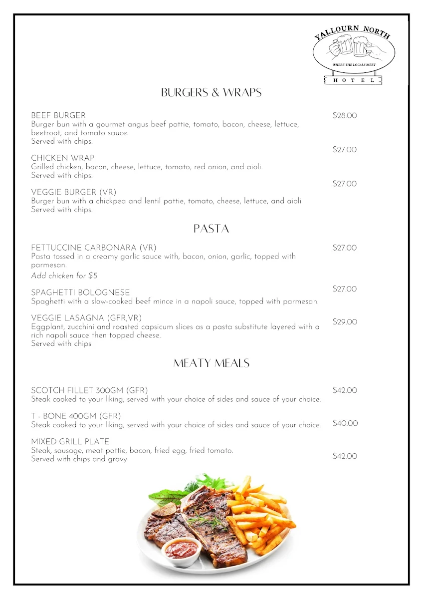 Menu, Yallourn North Hotel