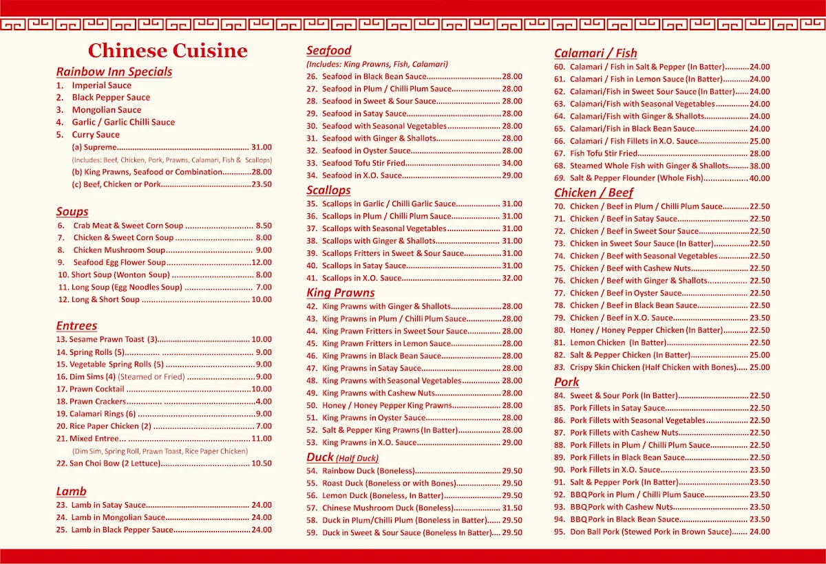 Menu, Rainbow Inn Chinese & Thai Restaurant