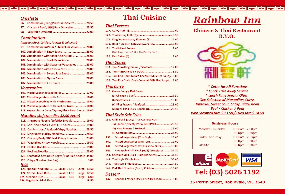 Menu, Rainbow Inn Chinese & Thai Restaurant