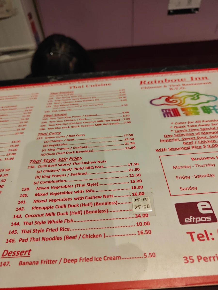 Menu, Rainbow Inn Chinese & Thai Restaurant