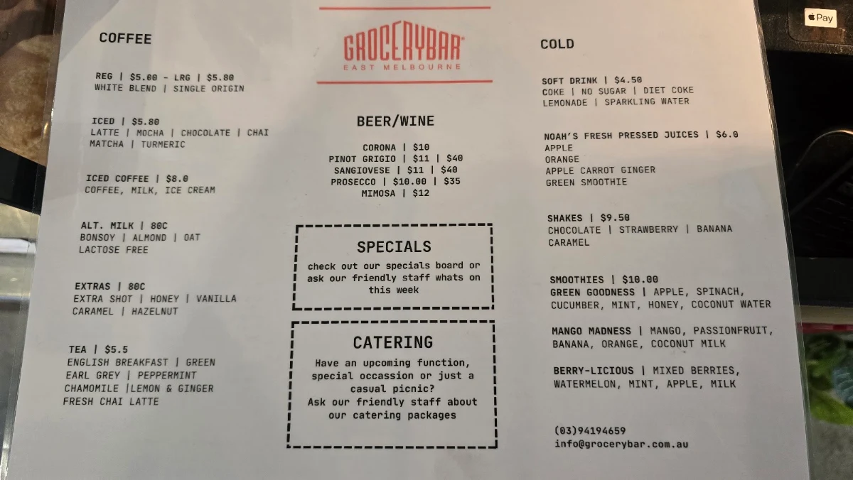Menu, Grocery Bar East Melbourne