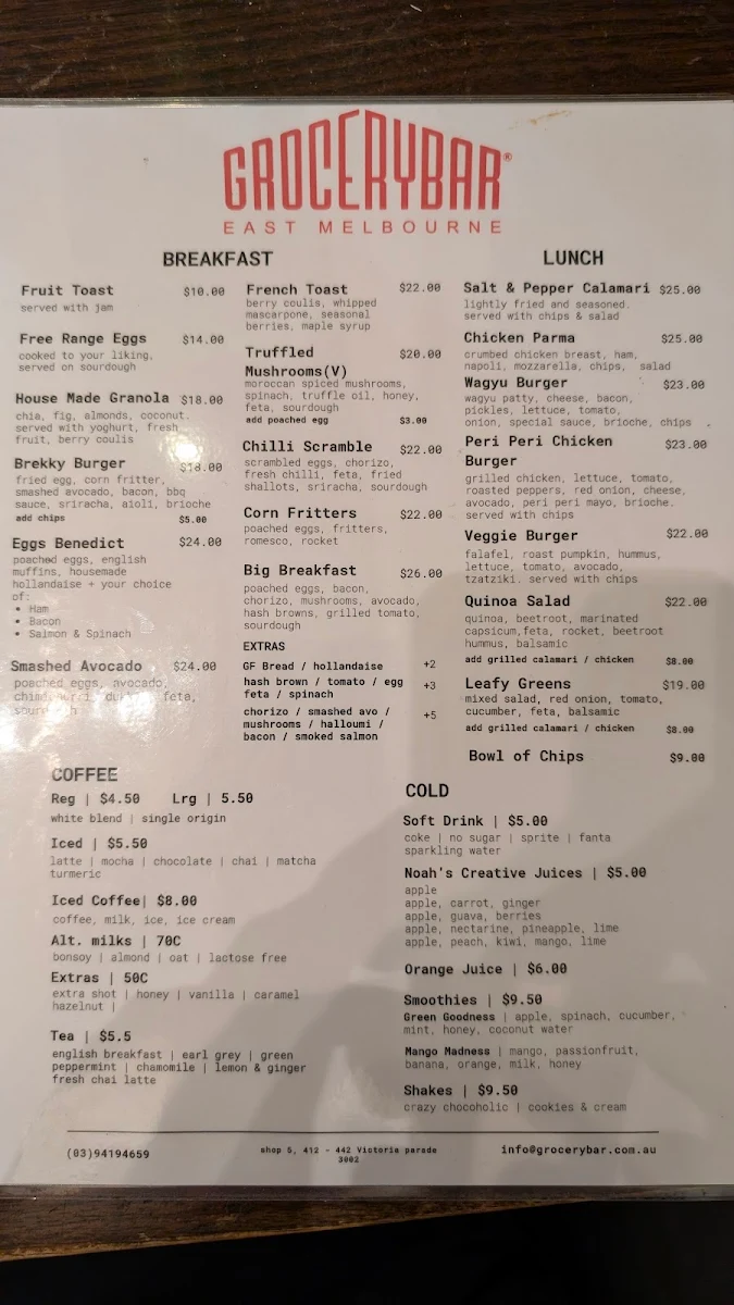 Menu, Grocery Bar East Melbourne