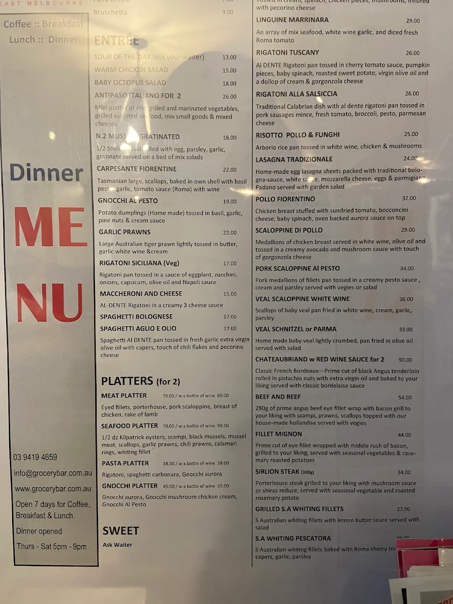 Menu, Grocery Bar East Melbourne