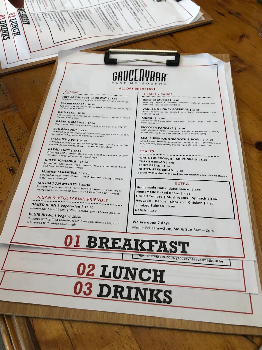 Menu, Grocery Bar East Melbourne