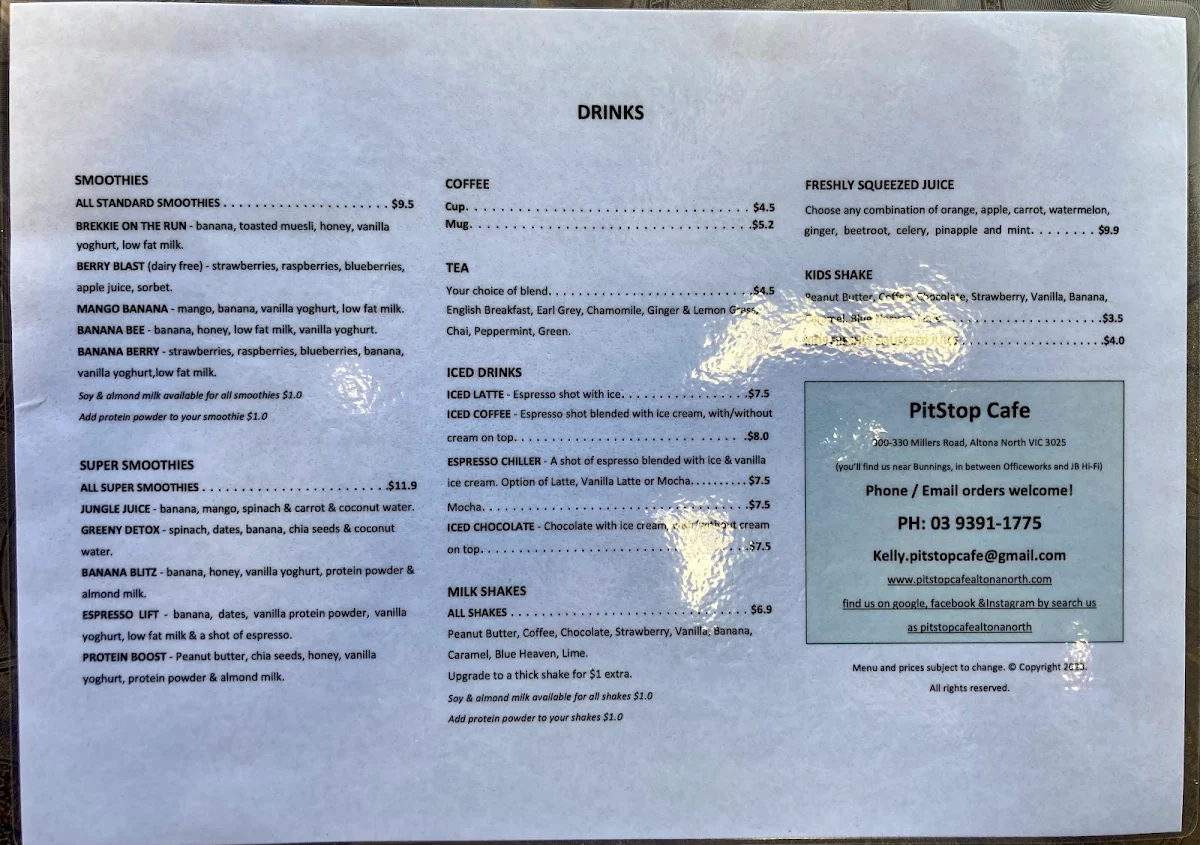 Menu, Pitstop Cafe.