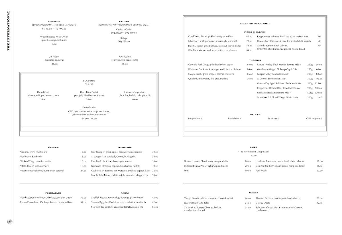 Menu, The Grill at The International