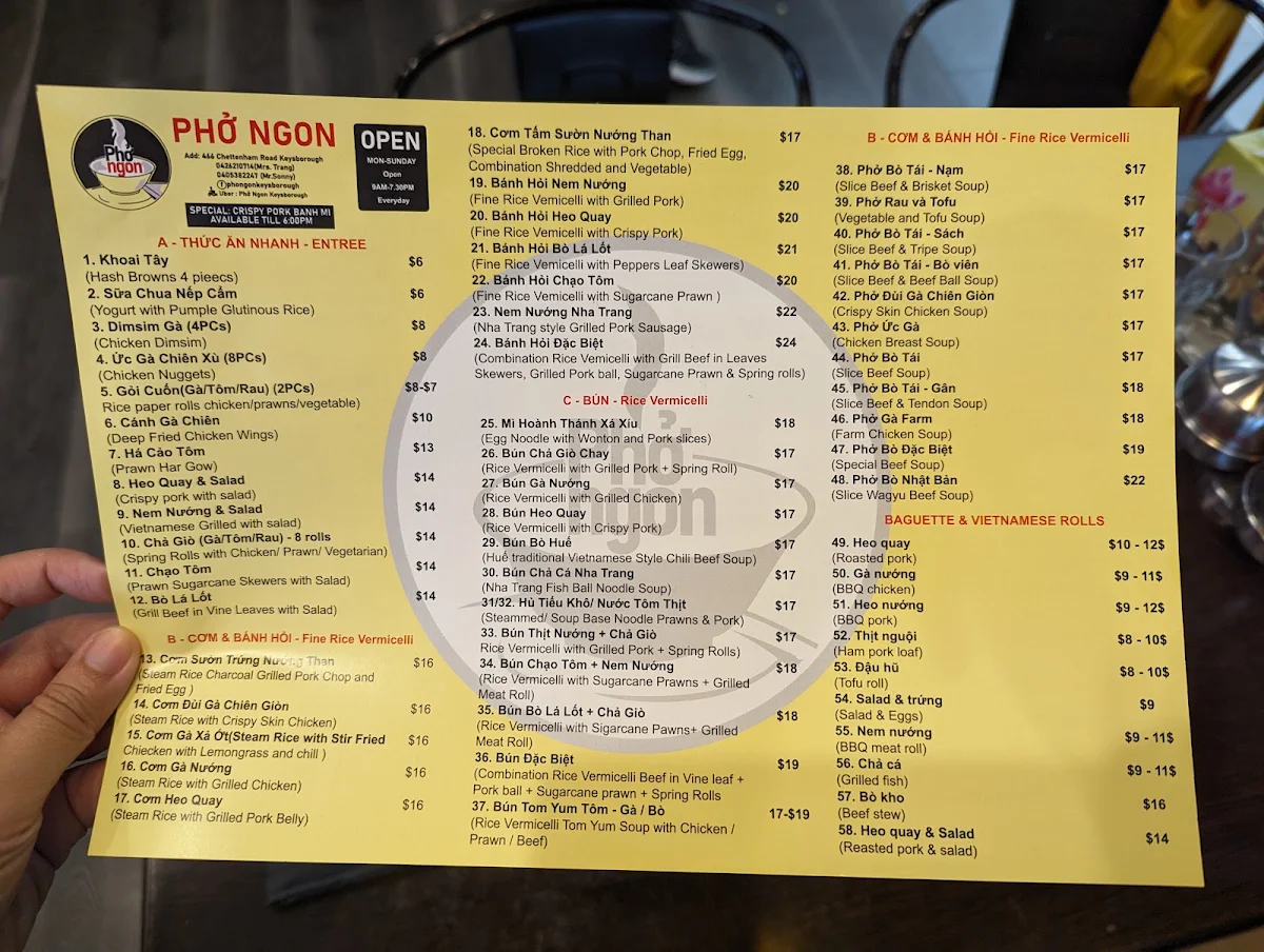 Menu, Pho Ngon