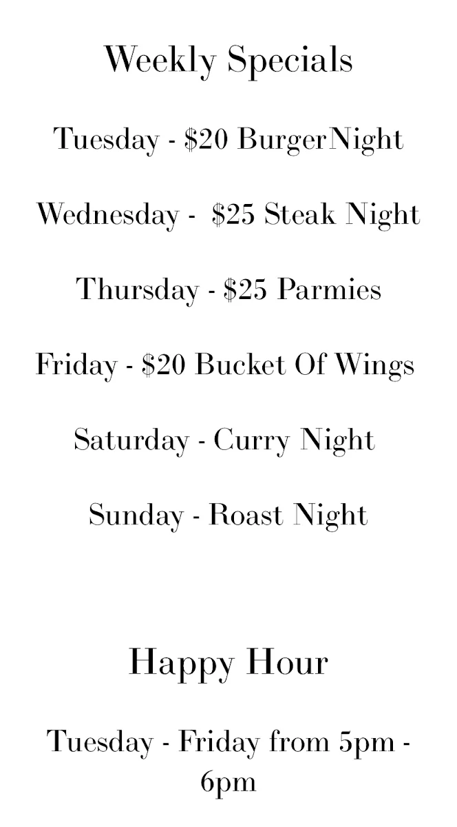 Menu, The Gundaroo Inn