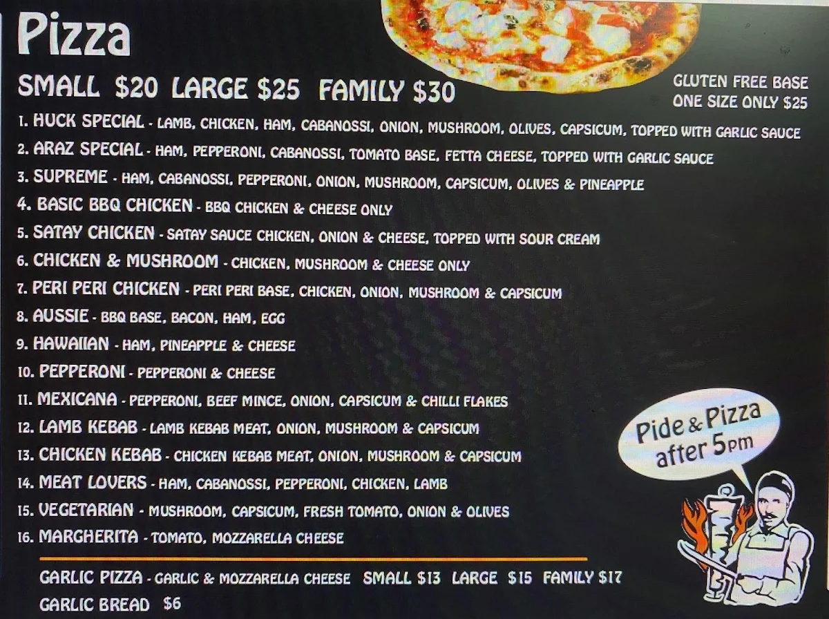 Menu, Bega Valley Kebab House