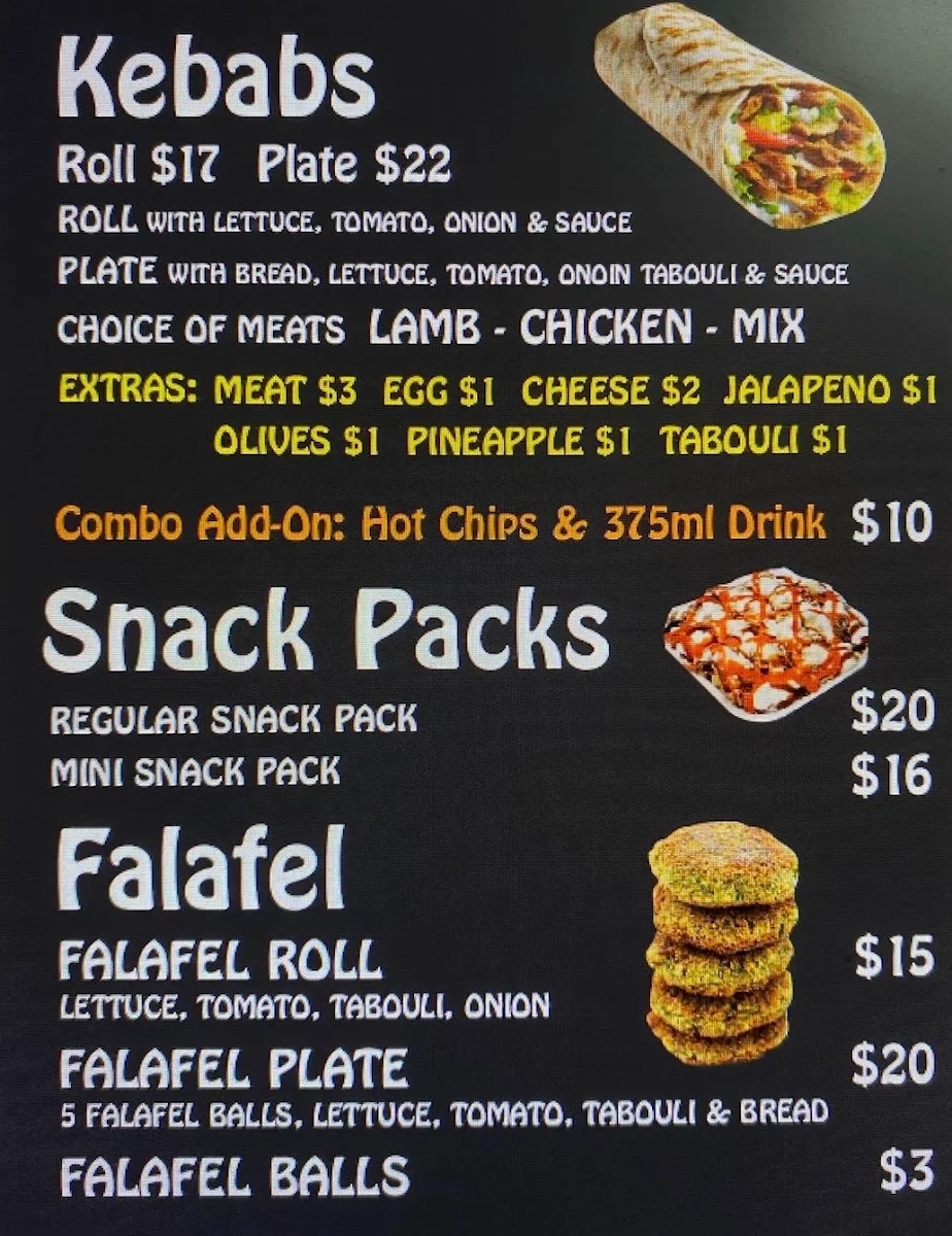 Menu, Bega Valley Kebab House