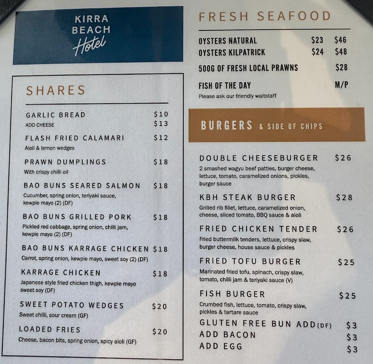 Menu, Kirra Beach Hotel