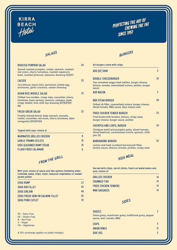 Menu, Kirra Beach Hotel