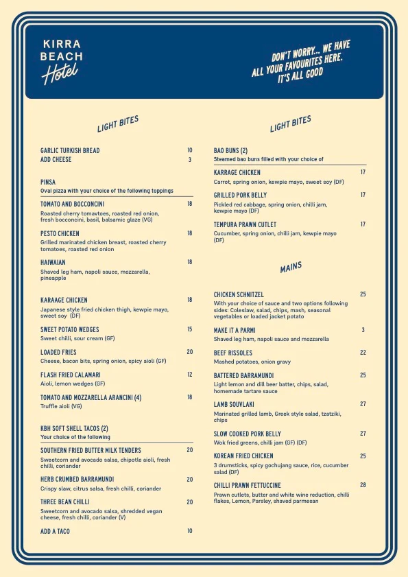 Menu, Kirra Beach Hotel