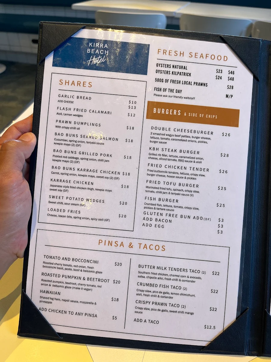 Menu, Kirra Beach Hotel