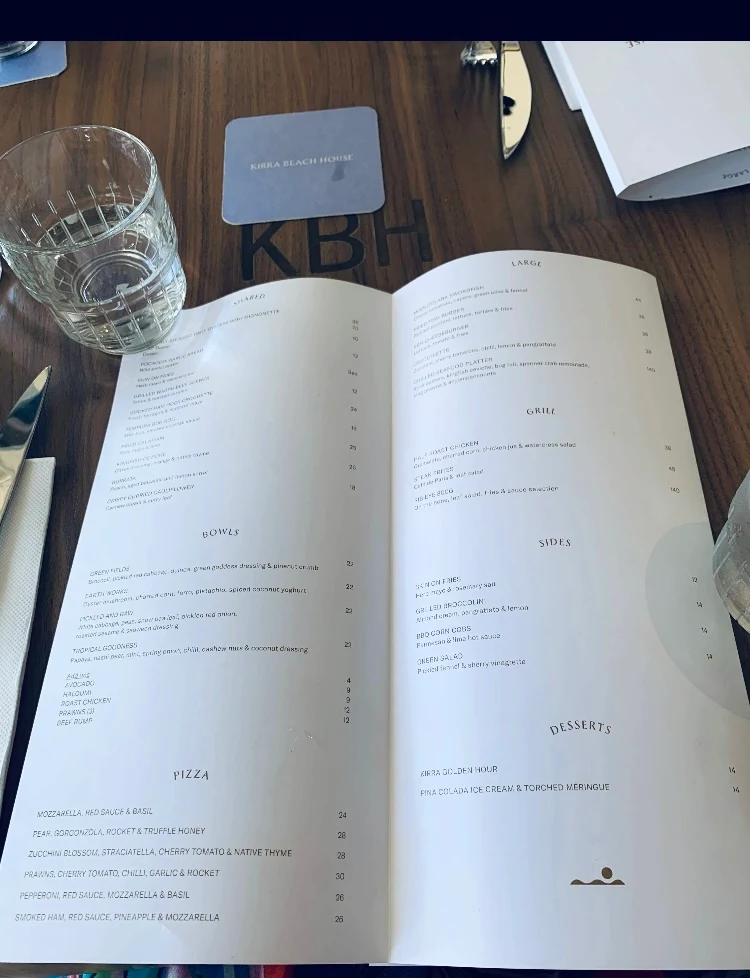 Menu, Kirra Beach Hotel