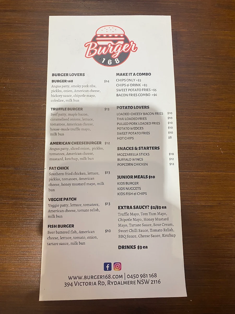 Menu, Burger 168