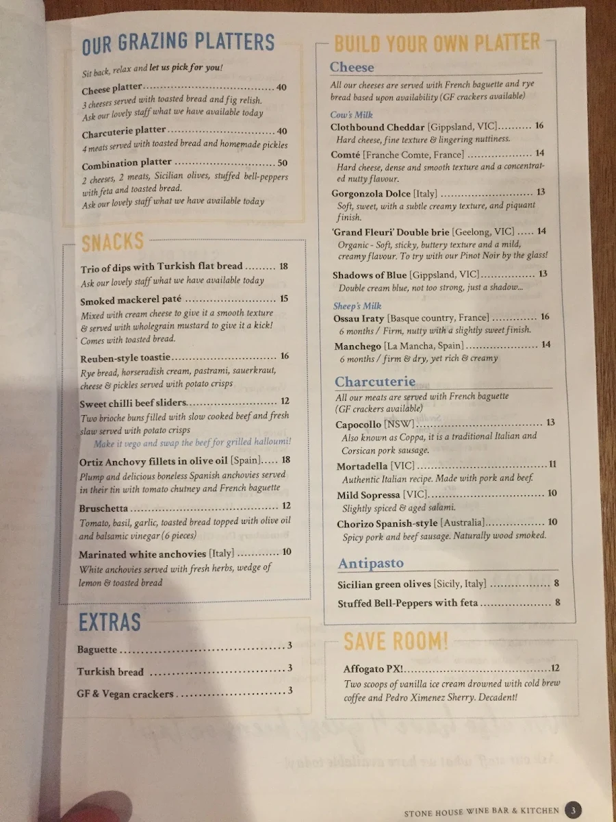 Menu, Stone House Wine Bar & Kitchen