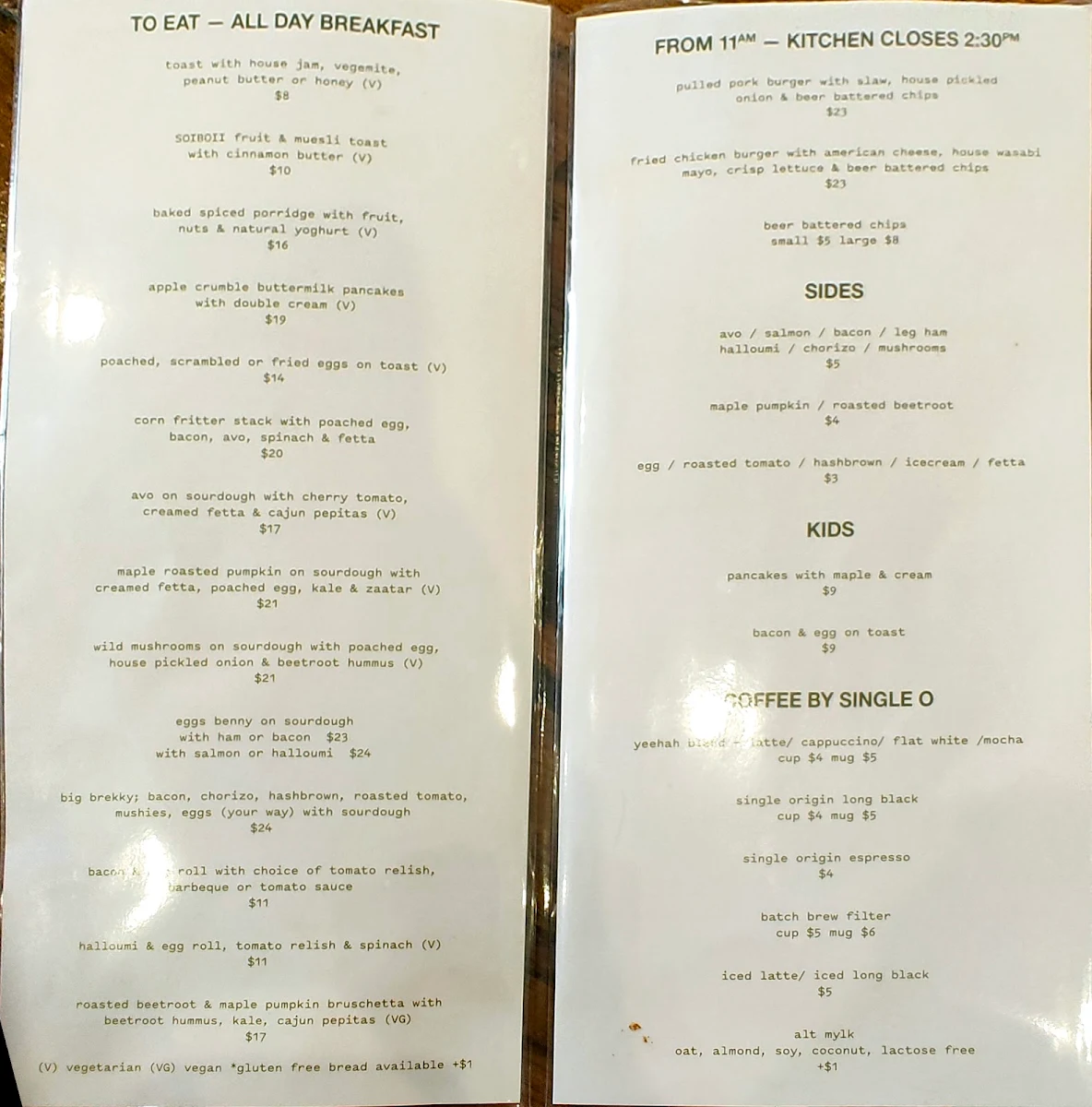 Menu, High Tide Cafe Semaphore