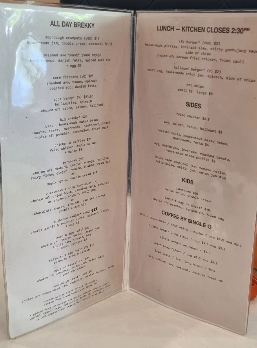 Menu, High Tide Cafe Semaphore
