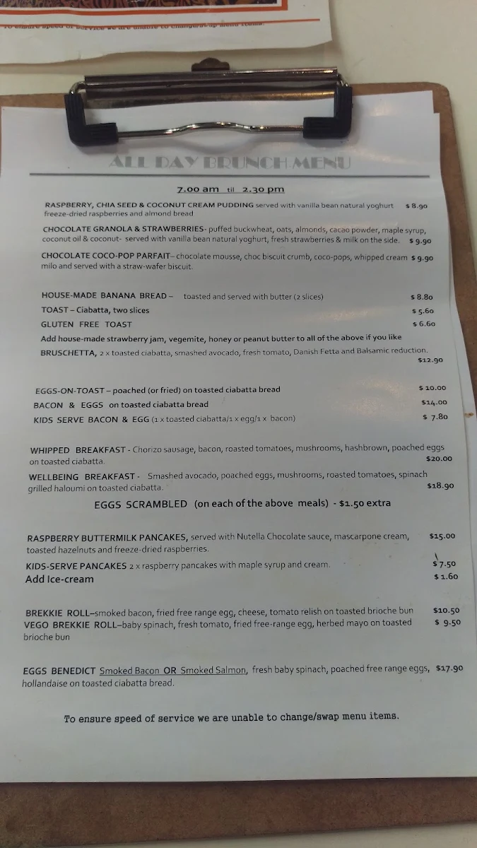 Menu, High Tide Cafe Semaphore
