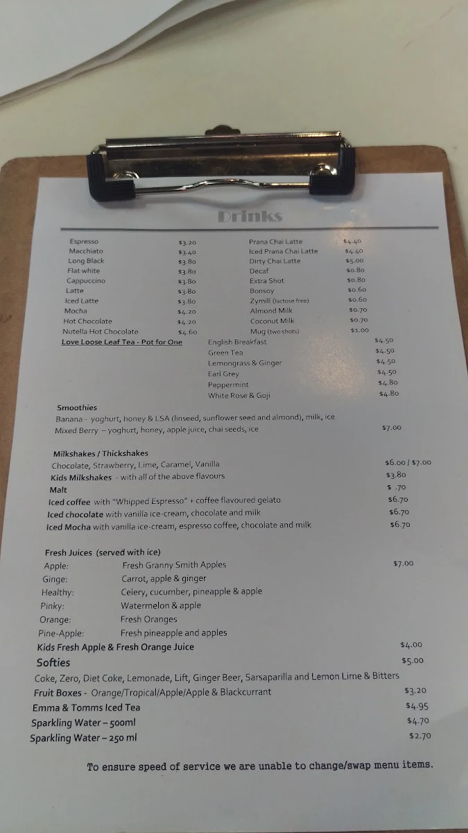 Menu, High Tide Cafe Semaphore