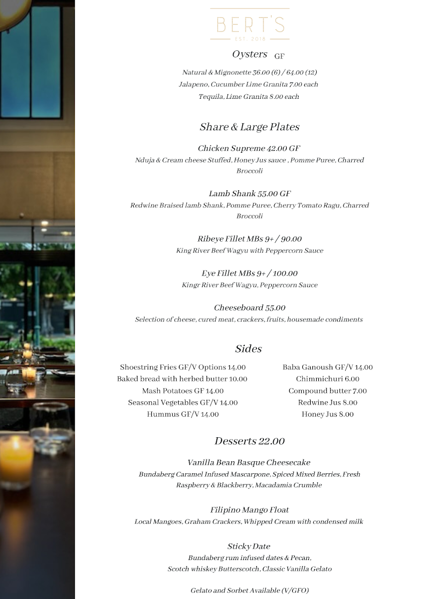 Menu, Bert's Restaurant & Bar