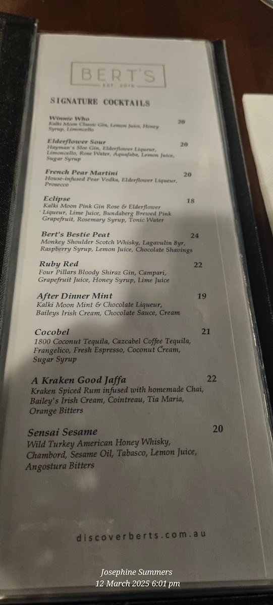 Menu, Bert's Restaurant & Bar